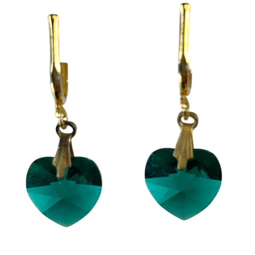 Vintage Heart Dangle Earring Teal Green Gold Tone screw on Back  1" long